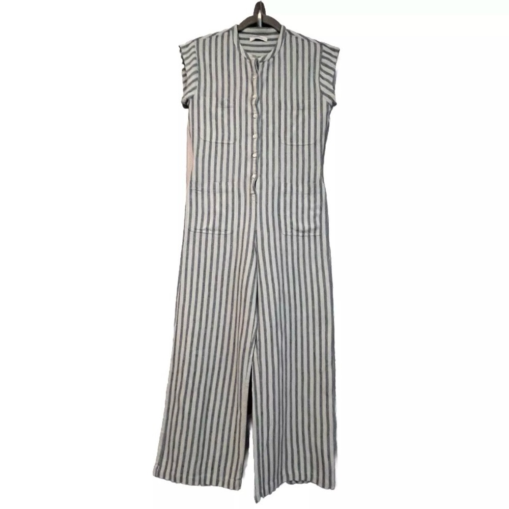 Doen Biarritz Jumpsuit blue striped raw silk women’s size XS short sleeve